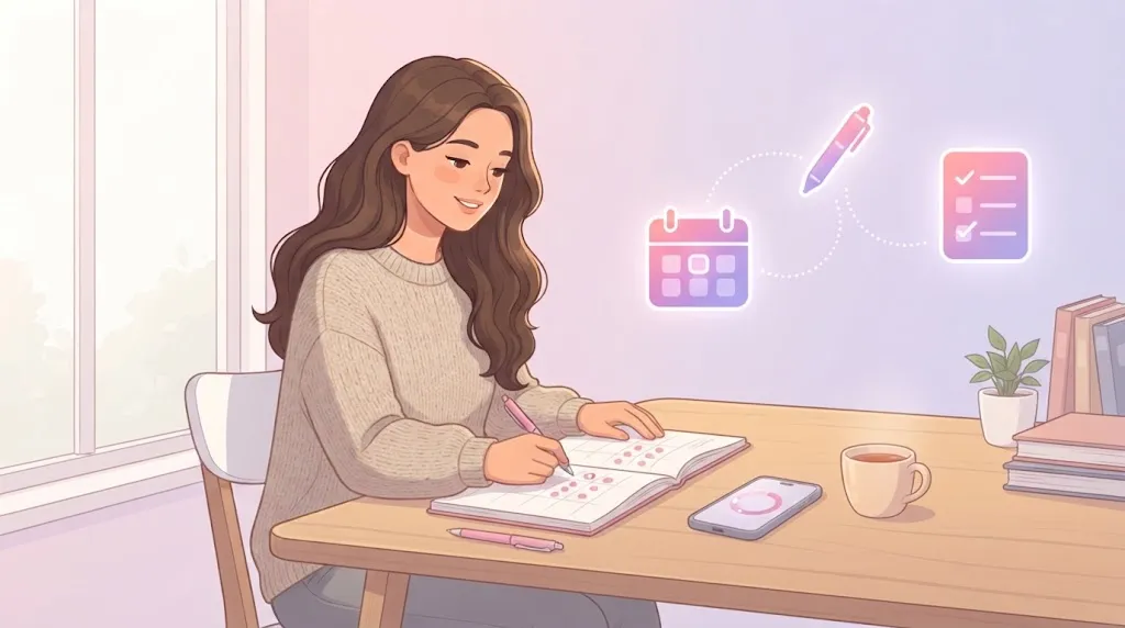 woman tracking her cycle in a planner to see how many days after your period do you ovulate