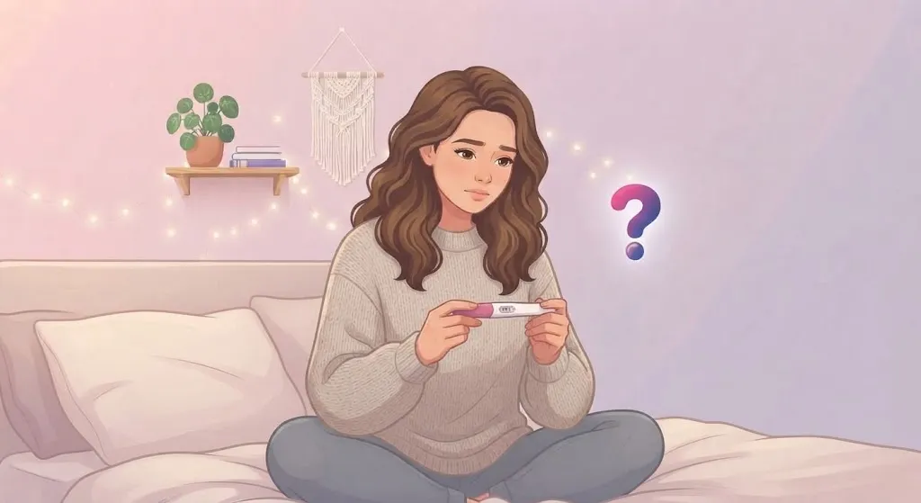 Woman holding a pregnancy test, wondering if it's stress or pregnancy causing her late period