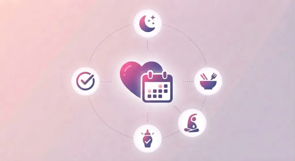 Self-care icons for sleep, nutrition and exercise to help a stress-delayed period return to normal