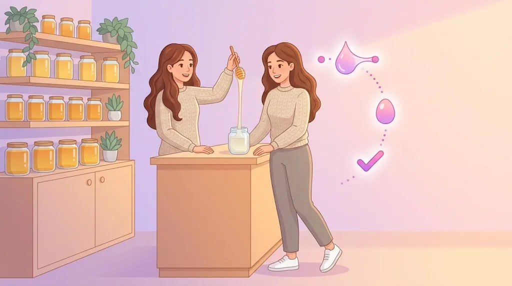 clear and stretchy cervical mucus during ovulation shown as a honey strand metaphor