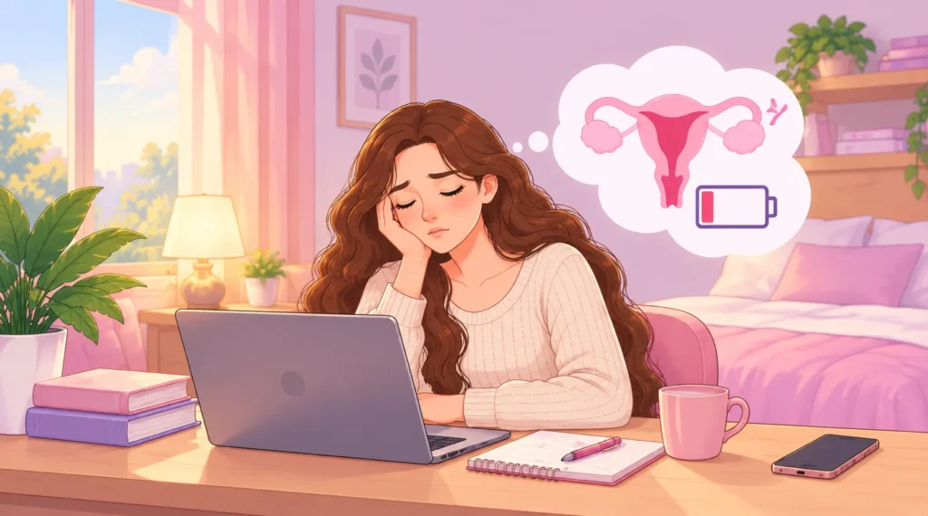 A tired woman working at her desk, illustrating how PCOS may affect energy levels.