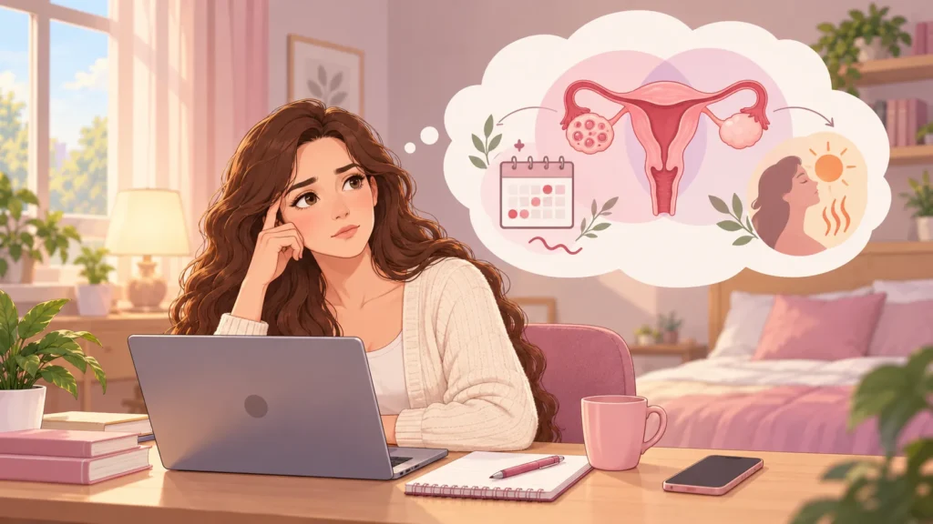 PCOS and perimenopause illustrated through reproductive health symbols and fatigue