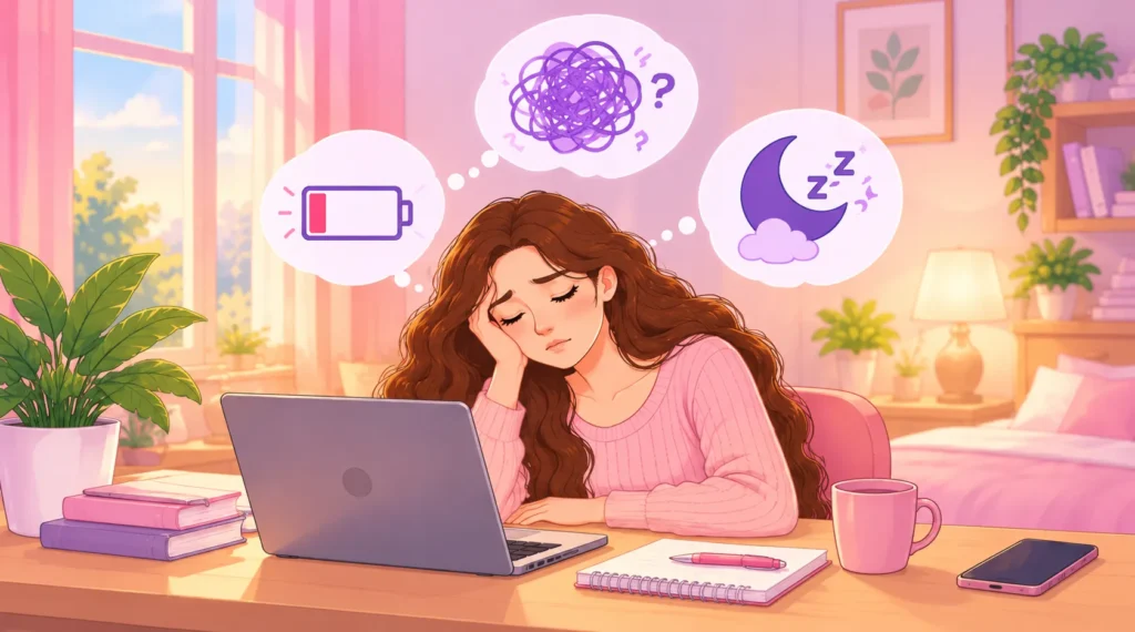 A woman experiencing exhaustion and brain fog, exploring the question, does PCOS make you tired.