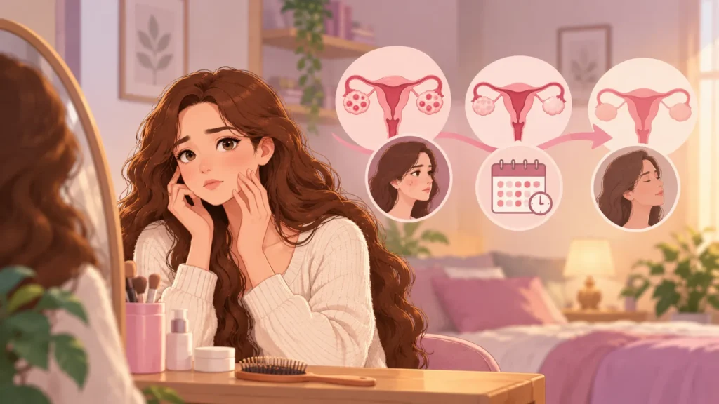Illustration of a woman considering hormonal and menstrual changes during perimenopause with PCOS