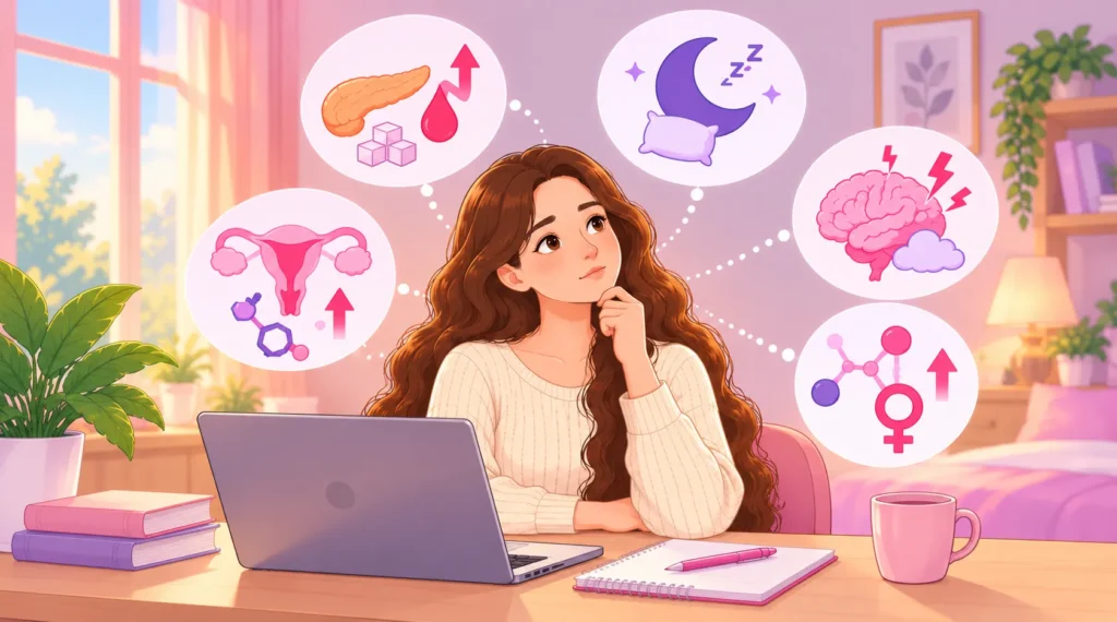 Possible reasons why PCOS may cause fatigue, including hormonal changes, insulin resistance, and sleep problems.