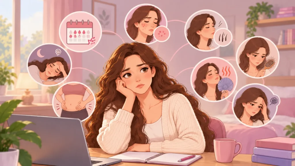 PCOS and perimenopause symptoms illustrated with menstrual changes, hair thinning, hot flashes, and sleep problems