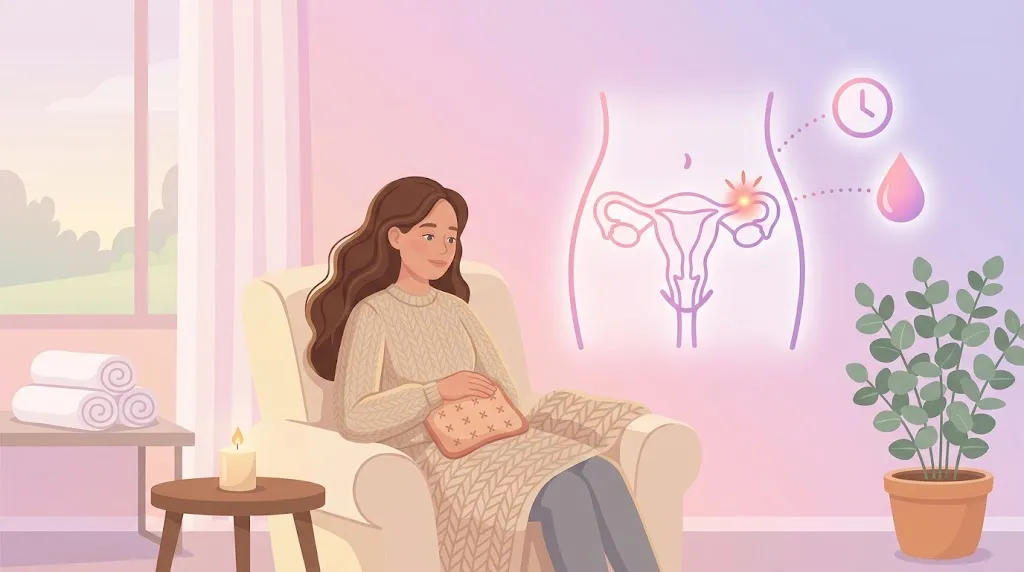 how long does ovulation pain and spotting last shown with a woman resting with a heat pad