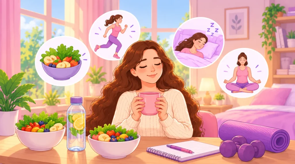 Healthy lifestyle habits that may help manage fatigue associated with PCOS, including balanced meals, exercise, and restful sleep.