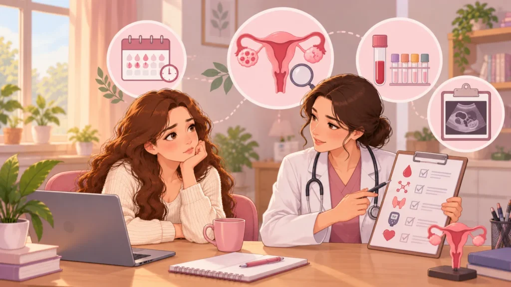 Doctor discussing PCOS and perimenopause symptoms and possible medical tests with a patient