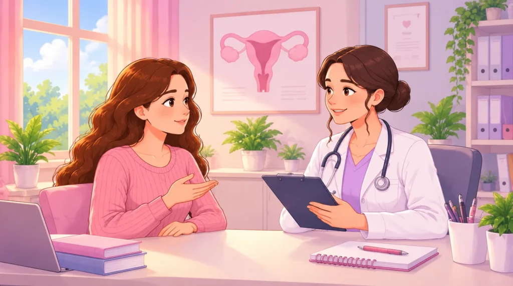A woman discussing persistent tiredness and possible PCOS-related fatigue with her healthcare professional.