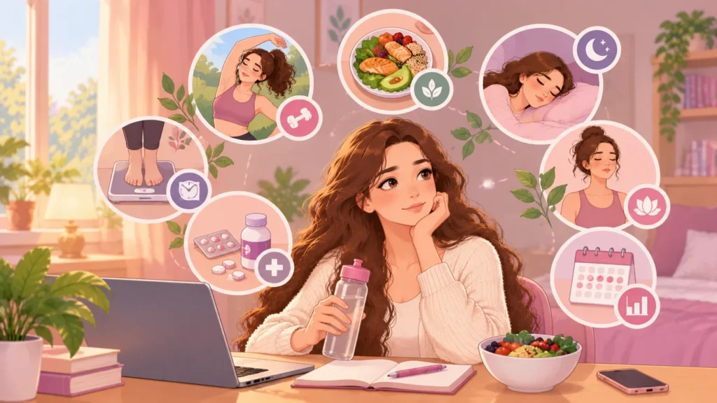 Illustration of healthy lifestyle habits for managing PCOS and perimenopause, including exercise, sleep, and symptom tracking