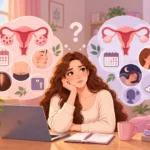 PCOS and perimenopause symptoms illustrated through a woman comparing hormonal and menstrual changes.