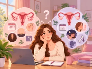 PCOS and perimenopause symptoms illustrated through a woman comparing hormonal and menstrual changes.